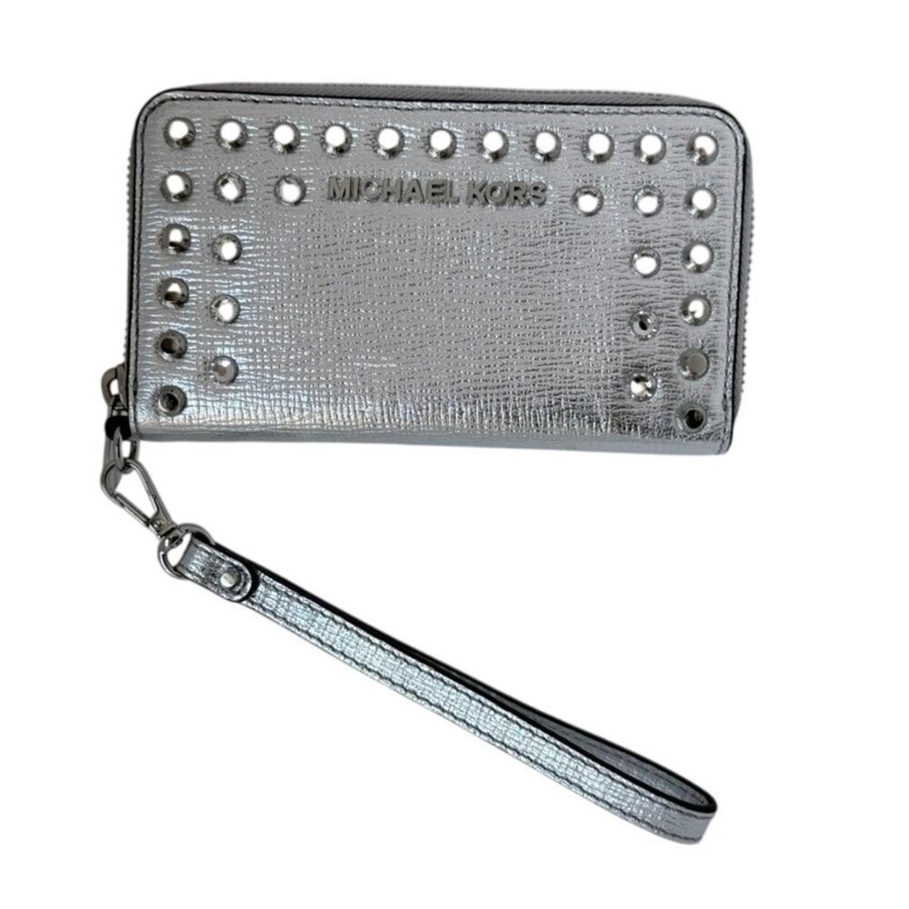 Michael Kors Jet Set Travel Silver Studded Jewel Leather Wristlet Wallet Clutch